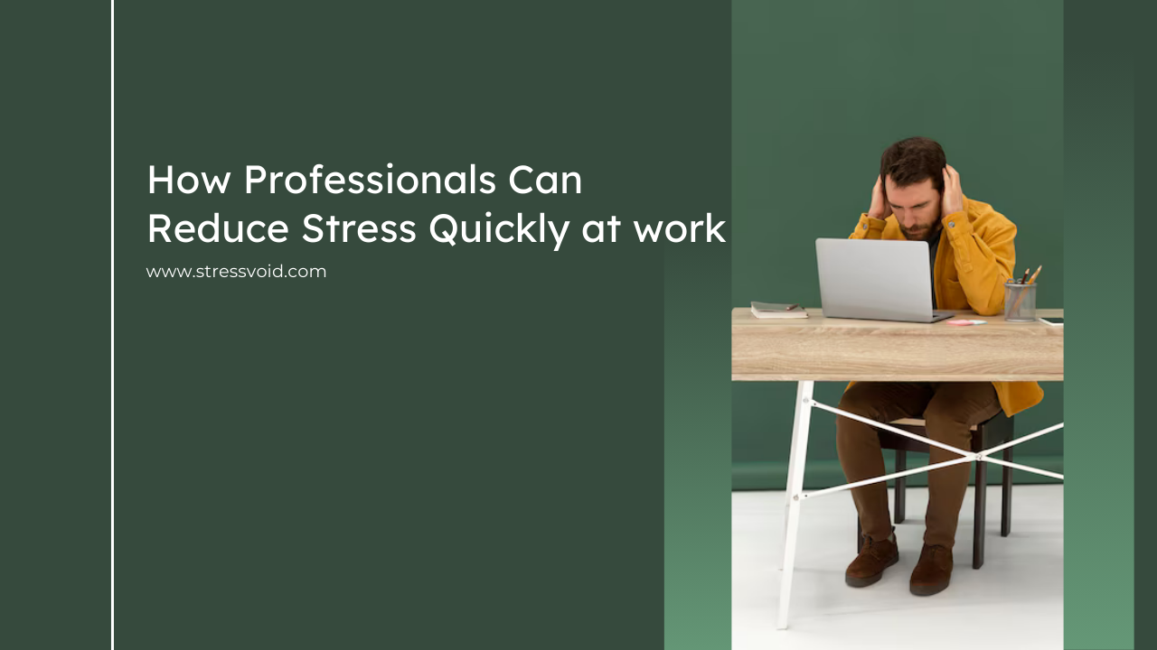 featured image for how to reduce stress at work quickly for professionals showing stressed professional at desk
